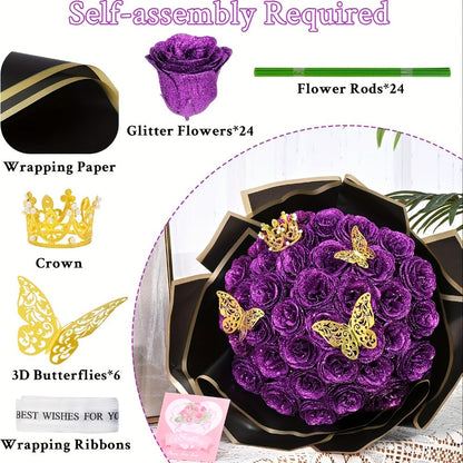 Artificial Rose Bouquet 24 Glitter Roses with 6 Golden Butterflies, Everlasting Shiny Fake Flower Bouquet for Wedding