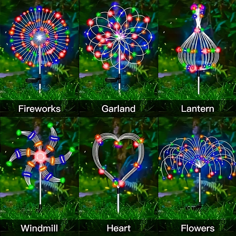 Solar Garden Lights Firework Stakes with 240/360/480 LEDs, 8 Modes, 4/8 Packs and Three Colors