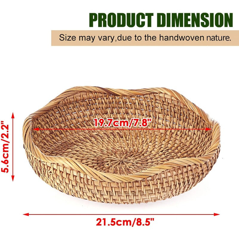 Rattan Tray Bowl – 8.5 Inch Hand Woven Natural Wicker Basket Tray for Fruit, Bread, Keys, Tabletop Decor, Kitchen, Entryway & Living Room