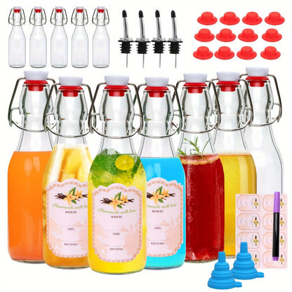 Glass Swing Top Bottles 8.45oz, Round Iron Clasp Airtight Bottle Set with Funnel for Juice, Kombucha