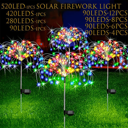 Solar Firework Garden Stake Lights with 90 to 520 LEDs, Two Colors and Multiple Pack Sizes