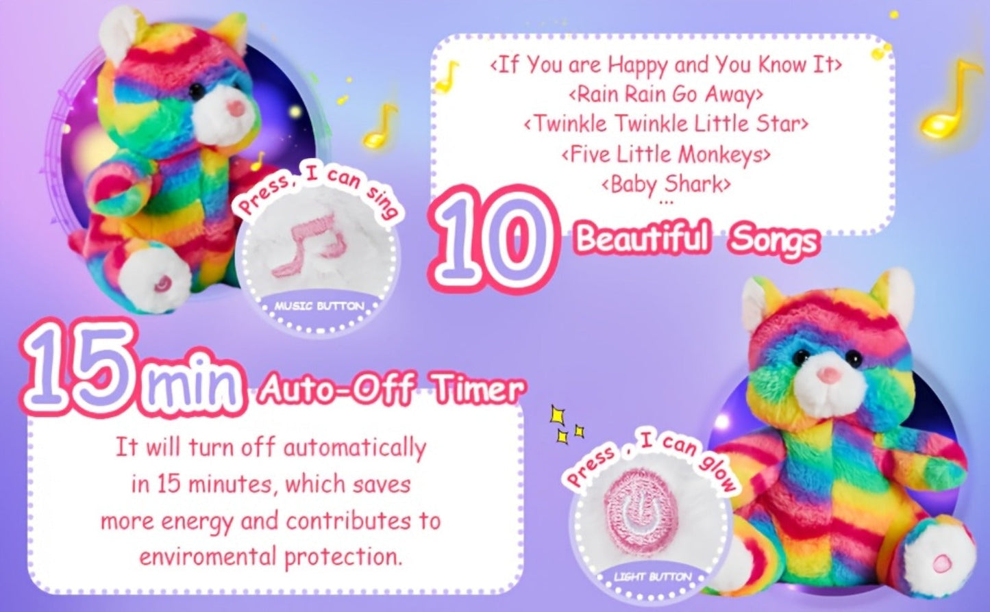 Plush Toy Rainbow Cat with Glowing Color Points and Music for Bright Interactive Display for Character Display, Room Decor and Gift