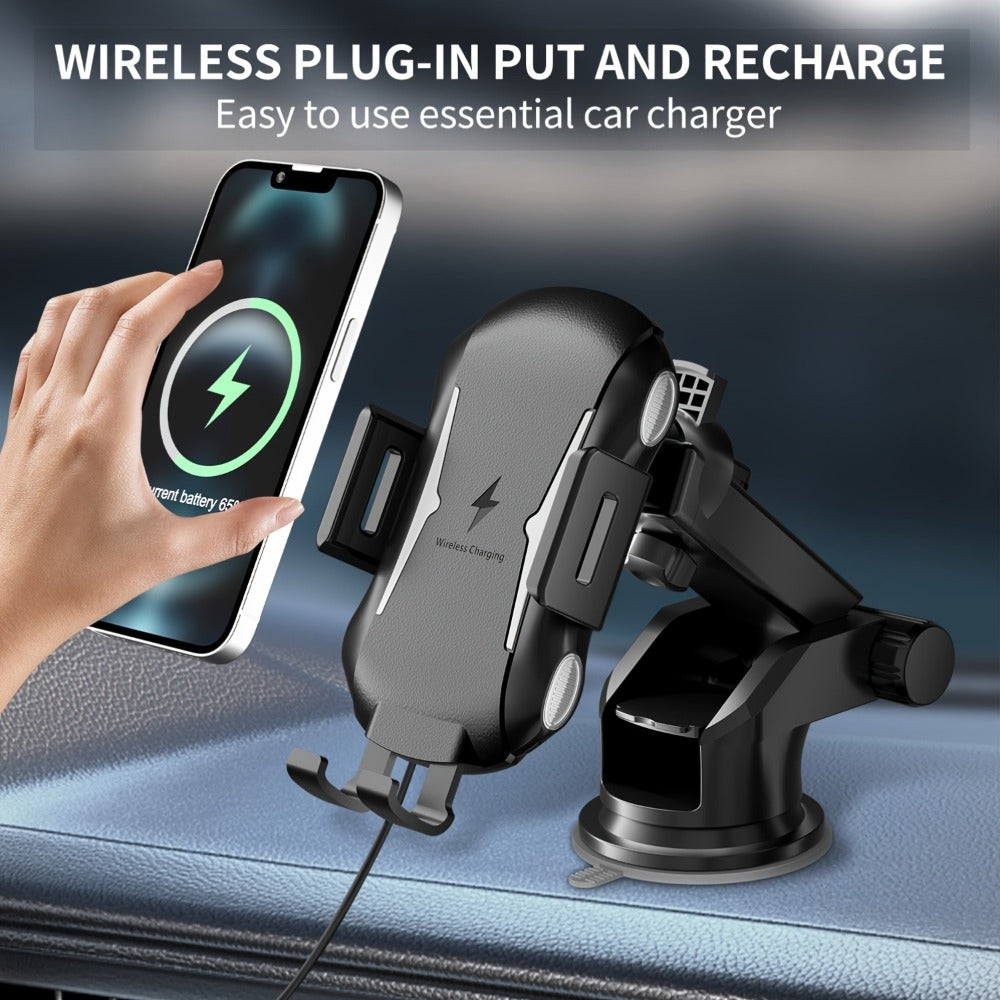 10W Auto-Sensing Car Phone Mount with Wireless Charging Clamp, Vent Clip and Suction-Style Base
