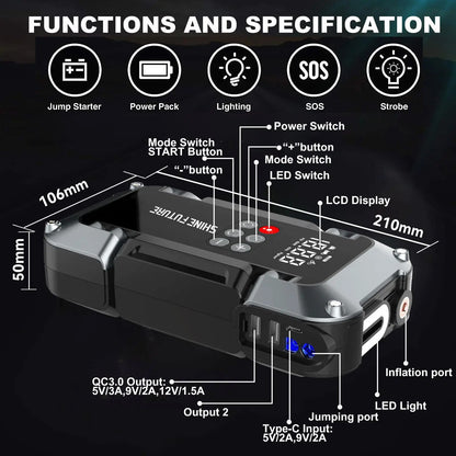 Portable Jump Starter Kit 4000A Peak 6-in-1 Battery Booster with Tire Inflator Power Bank Lithium for Garden, Patio and Yard Use