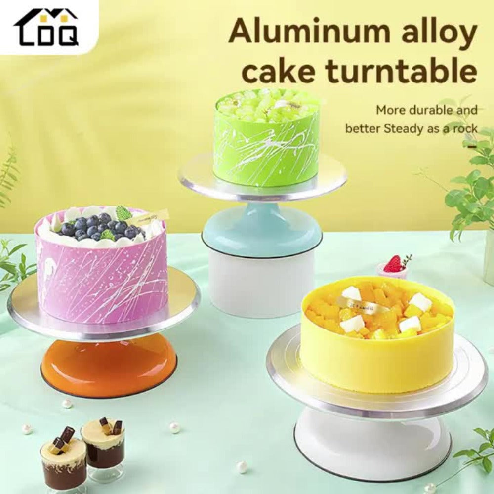 9.84-Inch Rotating Cake Turntable with Frosting Spatula and Pink, Sky Blue or White Base for Decorating