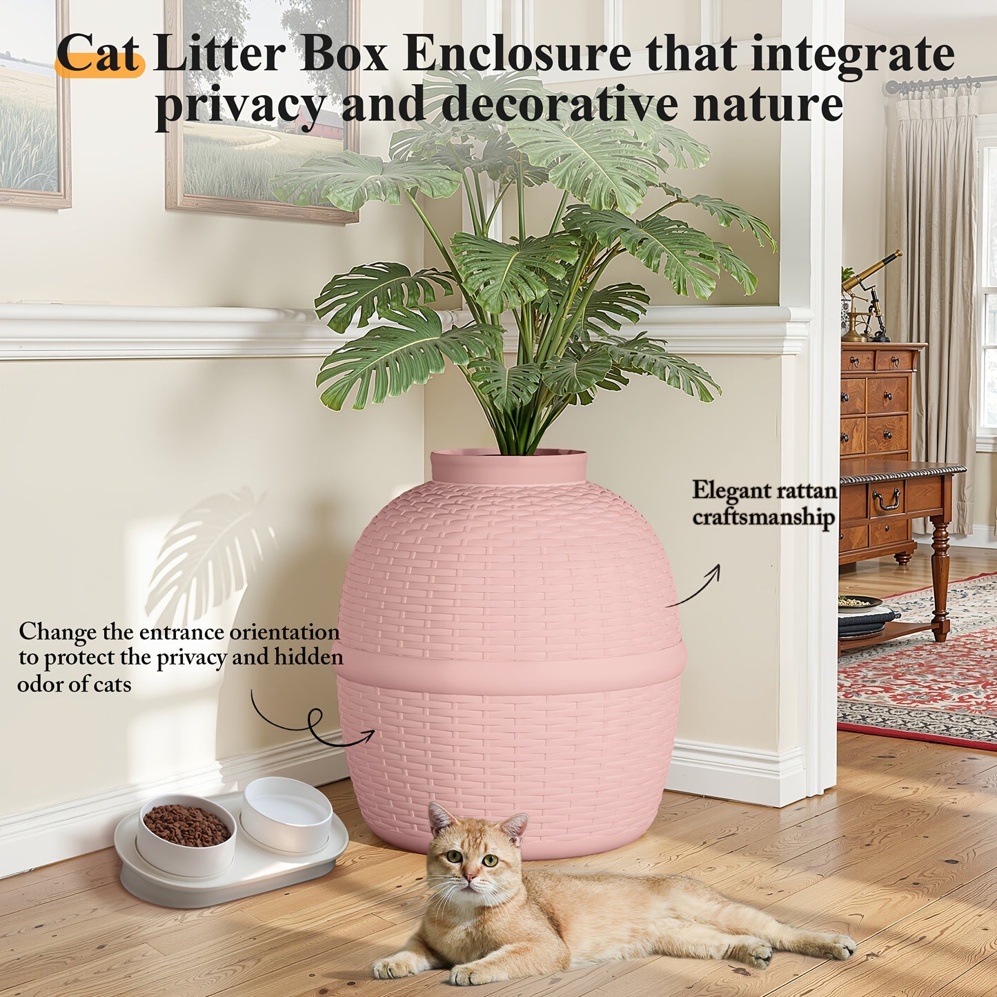 Hidden Litter Box Enclosure with Rattan Plant Design – Large Cat Litter Box Furniture, Waterproof PP, Easy Assembly
