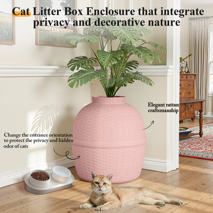 Hidden Litter Box Enclosure with Rattan Plant Design – Large Cat Litter Box Furniture, Waterproof PP, Easy Assembly