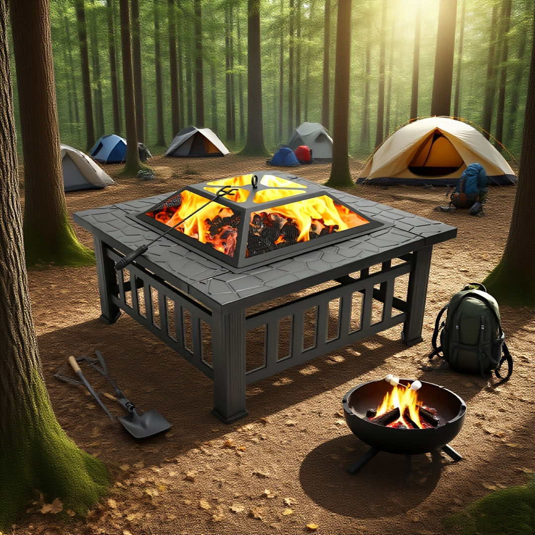Black Square Fire Pit Table with Raised Mesh Cover, Perforated Side Panels and Wood-Burning Bowl