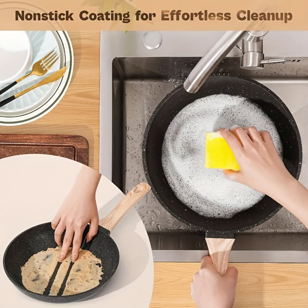 Black or White Nonstick Cookware Set with Frying Pans, Lidded Pots and Wood-Look Handles for Home Kitchens
