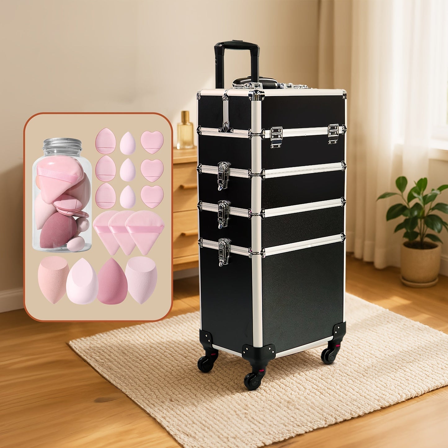 Rolling Makeup Train Case 4-in-1 Black Cosmetic Trolley with 360° Swivel Wheels & Makeup Sponges Set – Large Professional Salon Travel