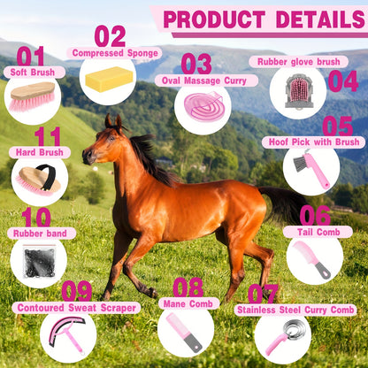 Equine Grooming Brush Set 12-Piece with Organizer Tote Bag – Complete Horse Care Kit with Shedding Brush, Detangler