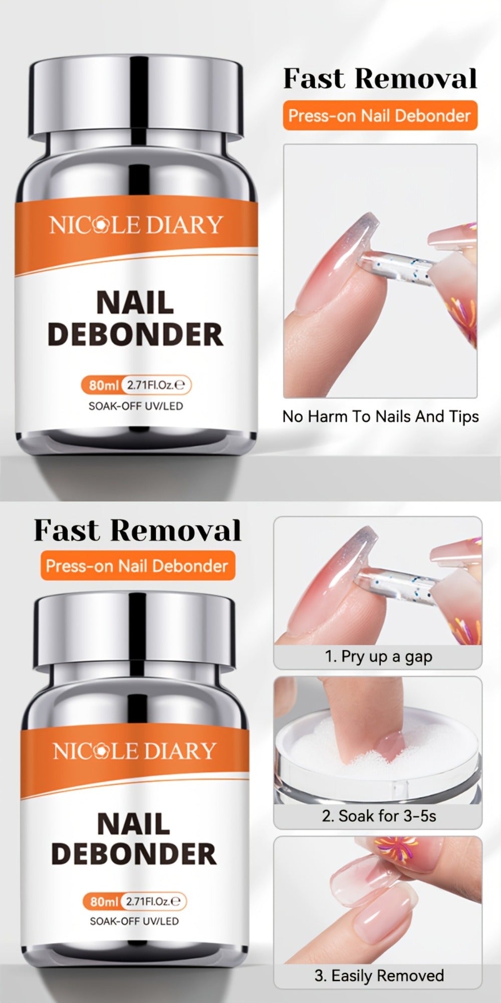 Press On Nail Debonder Remover 80ml – Fast 3-5 Second Soak-Off Liquid for False Tips, Rhinestone Glue Remover, No Damage Easy Dissolve