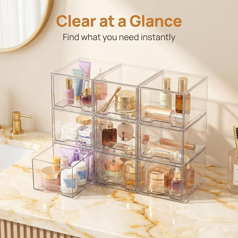 Clear Stackable Storage Drawers 8 Pack – Acrylic Bathroom Organizer Bins with Pull-Out Handle, BPA-Free Plastic Makeup Storage for Vanity