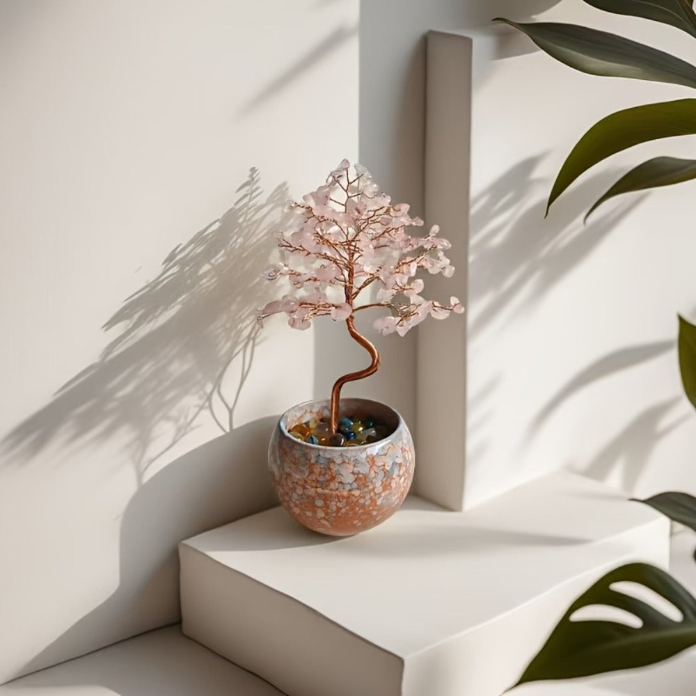 Natural Crystal Gemstone Tree with Ceramic Base 7 Inch Handmade Healing Stone Bonsai Tree for Entryways, Bedrooms and Living Spaces