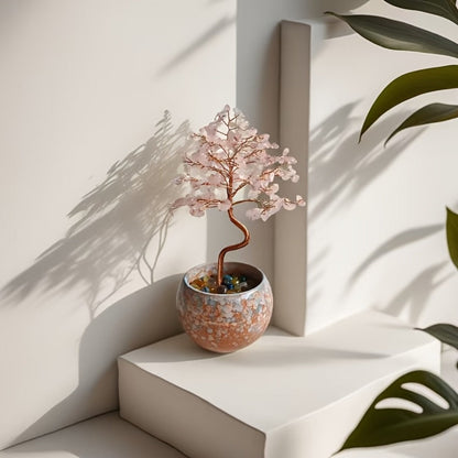 Natural Crystal Gemstone Tree with Ceramic Base 7 Inch Handmade Healing Stone Bonsai Tree for Entryways, Bedrooms and Living Spaces