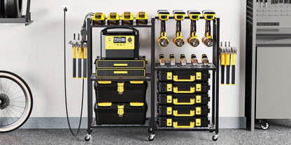Mobile Tool Cart with Charging Station, 12 Drill Holders & 5 Storage Shelves Power Tool Organizer