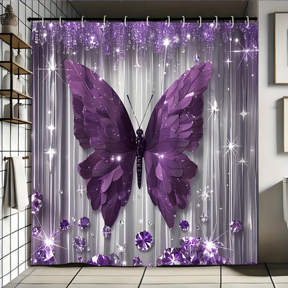 Butterfly-Print Shower Curtain with Four Colors and Single-Curtain or Four-Piece Bathroom Set Options