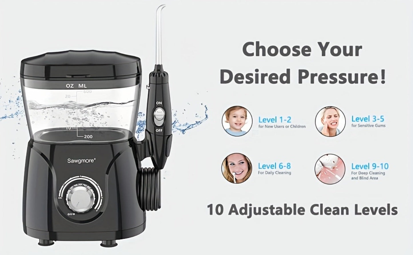 Water Flosser for Teeth & Braces 600ml Large Tank – 10 Adjustable Pressure Levels 8 Nozzles IPX4 Waterproof Professional Oral Irrigator