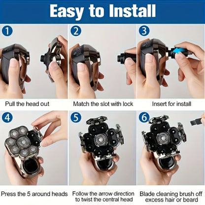 Nine-Head Rotary Electric Shaver Kit with Four Grooming Attachments, LED Display and Silver Finish