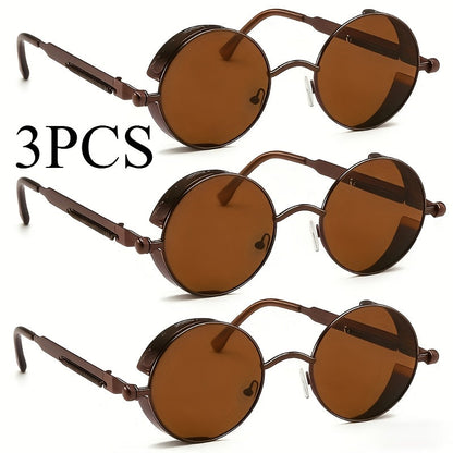 Retro Round Metal Frame Glasses with Spring Hinges Brown Decorative Lenses Lightweight Durable Vintage Circle Eyewear for Men Women Casual