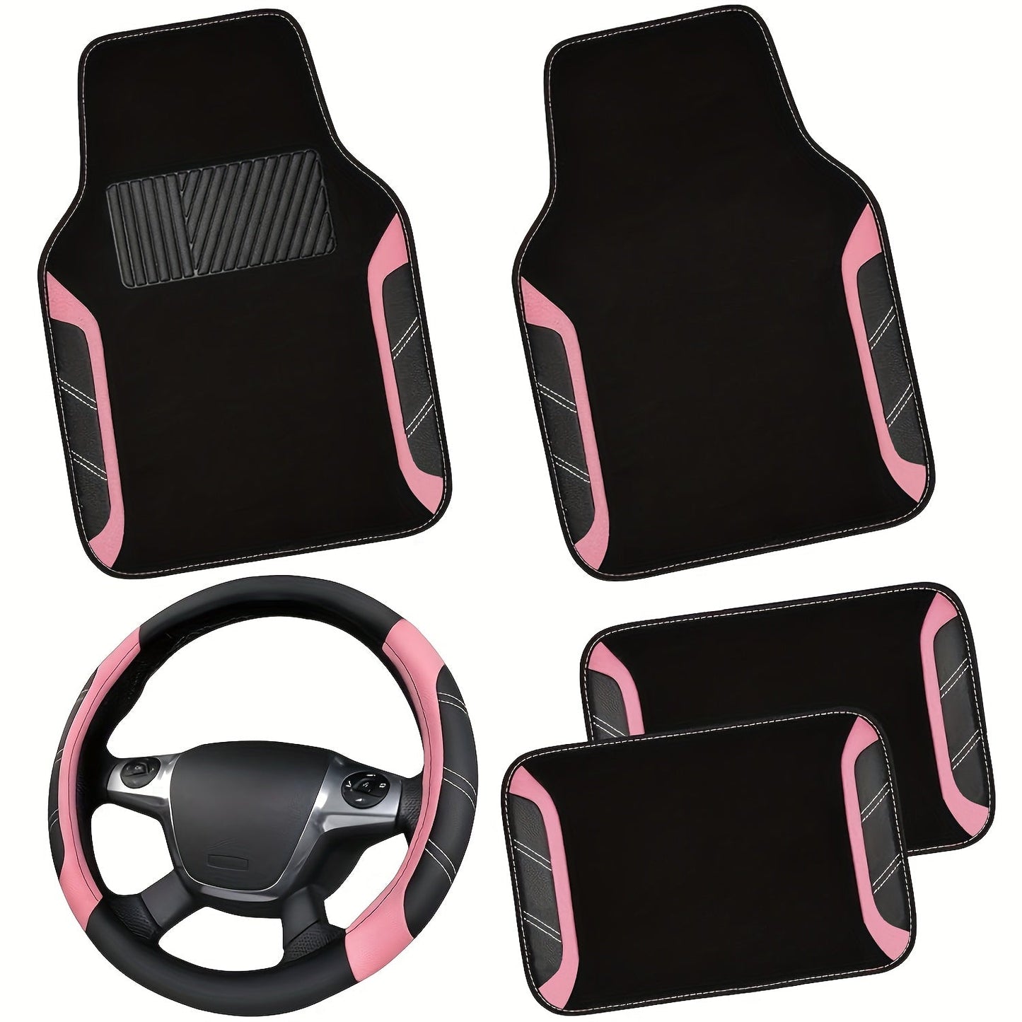 Steering Wheel Cover & Waterproof Car Floor Mats Combo Set – Microfiber Anti-Slip Universal Fit 14.5-15 Inch for 95% Sedan SUV Cars