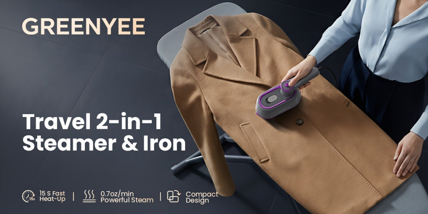Mini Travel Steamer 2-in-1 Dry Steam Iron Foldable 180 Degree Handle 15-Second Heat 85ml for Entryways, Bedrooms and Living Spaces
