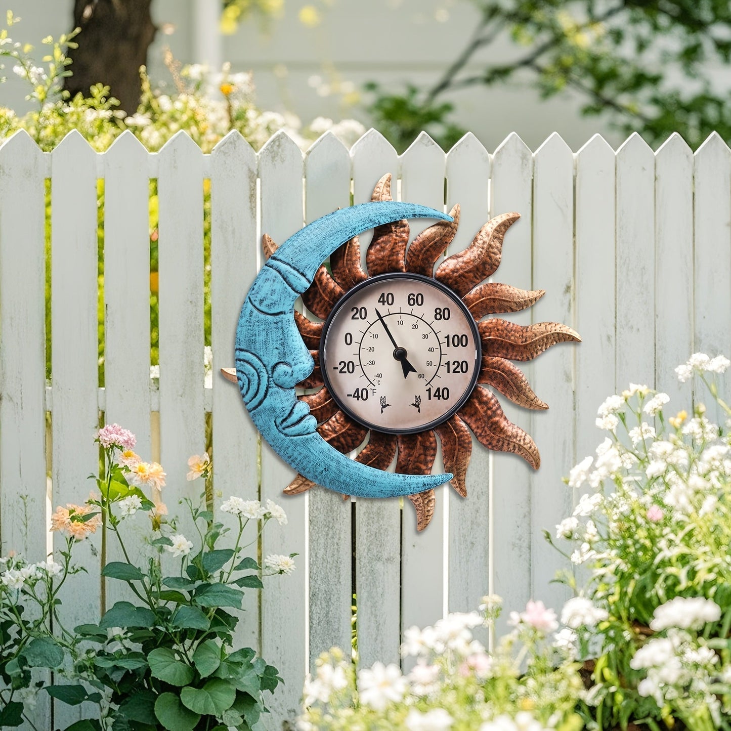 Outdoor Wall Thermometer with Sun & Moon Art – IPX4 Waterproof, Decorative Patio Garden Thermometer for Indoor Outdoor Use