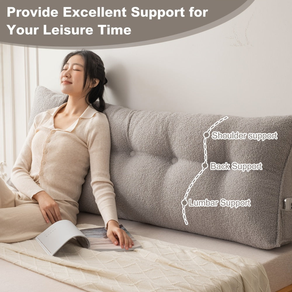 Bed Wedge Pillow Headboard Pillow with Side Pockets Removable Cover Teddy Velvet Reading Pillow Twin Queen King