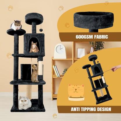 Cat Tree Tower 59 Inch Large Multi-Level Cat Tower for Indoor Cats with Plush Resting Area, Sisal Scratching Post & Hanging Ball Toy