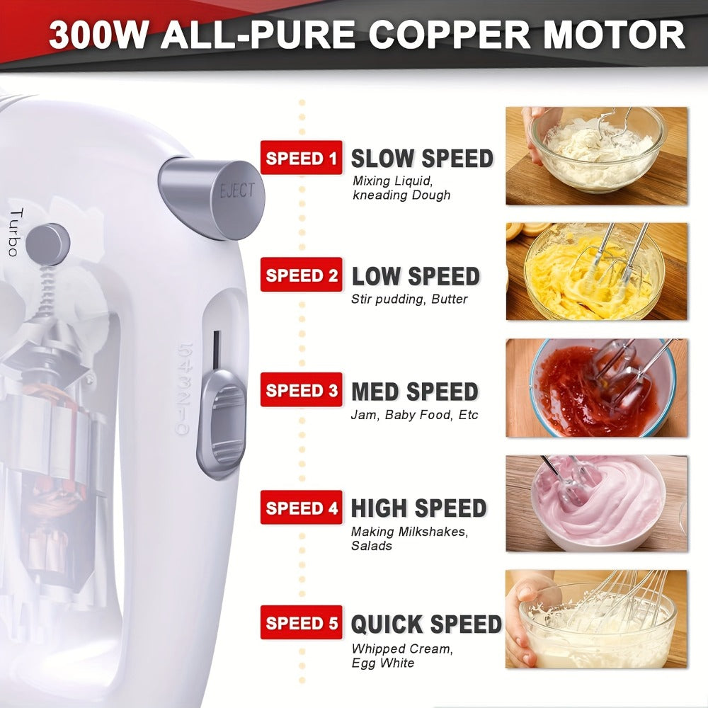 Hand Mixer Electric 300W with Stainless Steel Attachments & Storage Case – 5-Speed Control for Baking Cakes