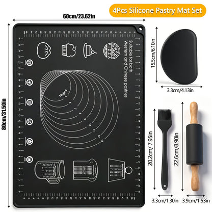 Silicone Baking Mat Set 4pcs, Extra Thick Non-Stick Pastry Mat with Measurement Scales, Non-Slip Dough Kneading Mat, Includes Rolling Pin