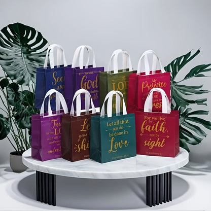 Gift Bag Set Bible Verse Print, 32 or 64 Non-Woven Bags in Eight Colors with White Handles and 9.06 x 8.66 x 4.33 Inch Size