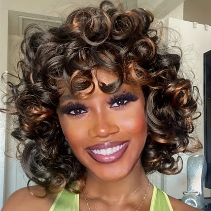 Synthetic Wig 14-Inch Kinky Curly Afro with Bangs in Black, Black-Brown or Golden 33/27 for Daily Style