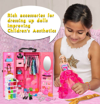 Doll Closet Playset 105 Piece Rose Wardrobe for 11.5 Inch Dolls, Wedding Gowns Fishtail Dress Swimsuit Shoes Handbags Crowns & Necklaces