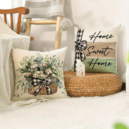 Four-Piece 18 x 18-Inch Farmhouse Botanical Throw Pillow Cover Set with Eucalyptus and Plaid Prints