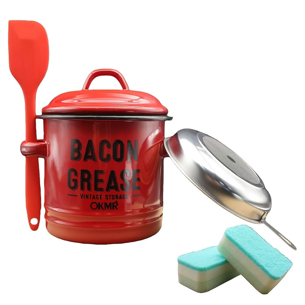 Bacon Grease Container with Lid, Large Grease Storage Can with Heat-Resistant Filter, Silicone Spatula & Cleaning Sponge Set