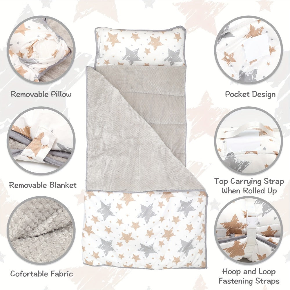 Toddler Nap Mat with Removable Pillow & Minky Blanket, Rollup Kids Sleeping Mat for Daycare Preschool