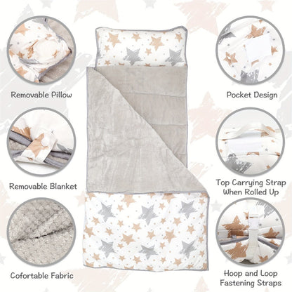 Toddler Nap Mat with Removable Pillow & Minky Blanket, Rollup Kids Sleeping Mat for Daycare Preschool