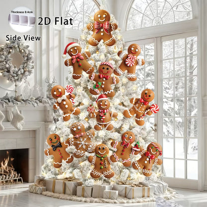 Christmas Tree Ornaments 12pcs Gingerbread Man Decorations 2D Flat Funny Xmas Tree Hanging Decor with Loops
