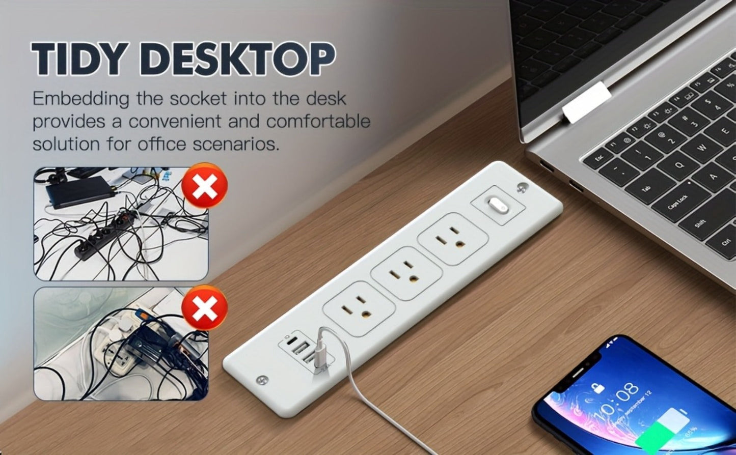 Recessed Power Strip In-Desk Embedded Socket 7-in-1, 3 AC Outlets & 4 USB Ports, Slim Space-Saving Design