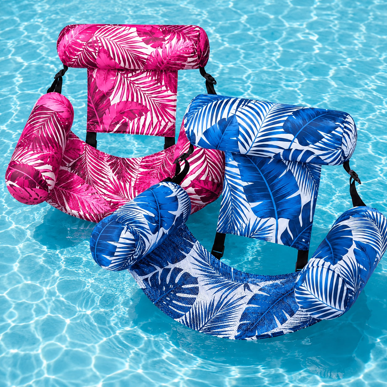 Pool Float Tropical Leaf Lounge Chair with Sling Seat, Inflatable Side Bolsters and Adjustable Headrest