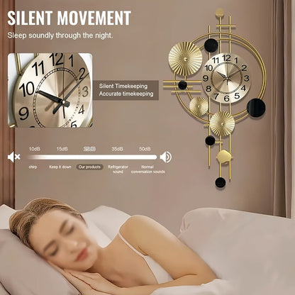 Golden Metal Art Wall Clock with Asymmetrical Circular Accents, Analog Dial and 30.7 x 17.7-Inch Size