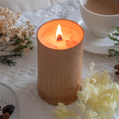Wood-Wick Candle in Carbonized Bamboo Jar with Fitted Lid, Single-Jar Package and Eight Fragrances