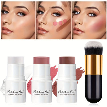 Contour Highlight Blush Stick Set 4-Piece with Professional Brush, Creamy Waterproof Cheek Sculpting Kit