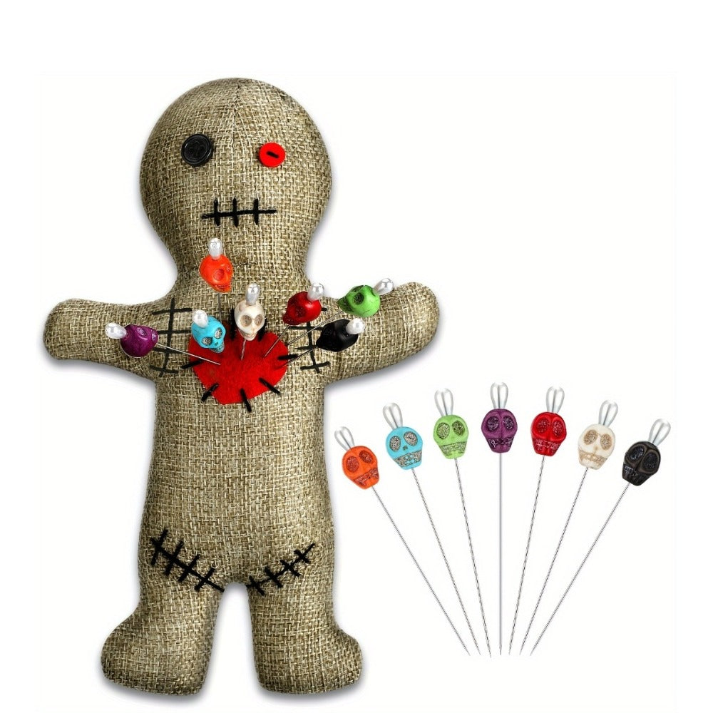 Voodoo Doll Set with 7 Skull Pins, 8-Piece Horror Ghost Doll Kit, Revenge Stress Creepy Doll Pin Holder for Adults (Flaxen)