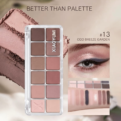Eyeshadow Palette 12-Shade Neutral Pink and Brown Compact with Clear Lid and Brush Accessory