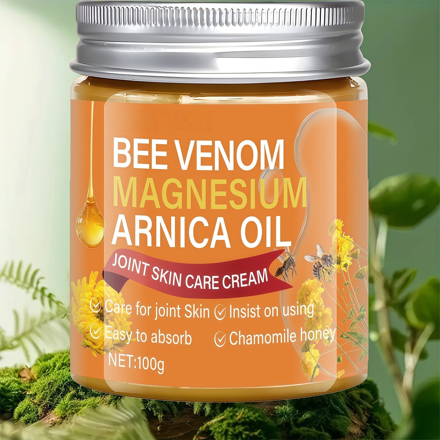 Body Cream 100g Amber Jar with Bee Venom Magnesium and Arnica Oil Package Callouts for External Massage Use