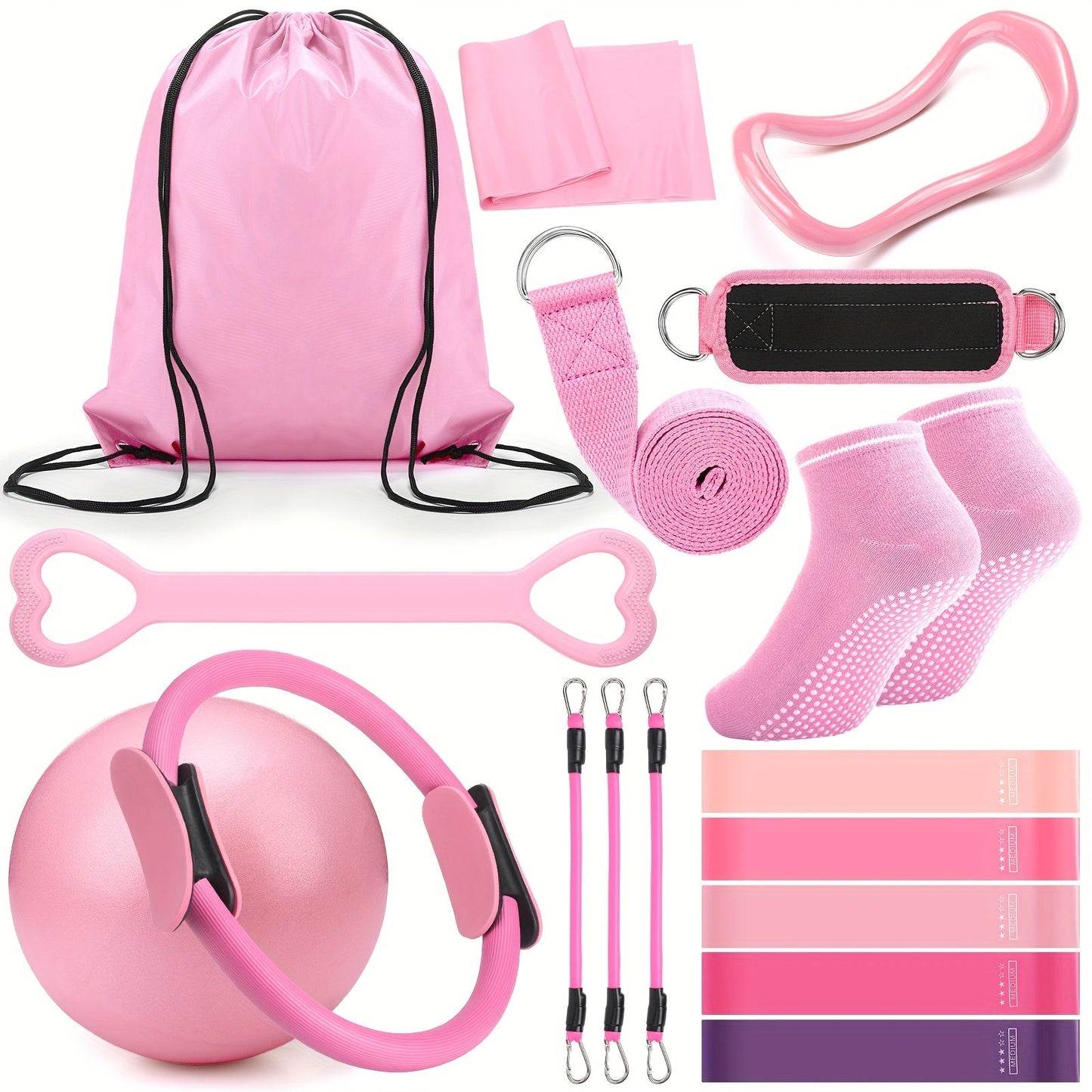 Pilates Ring Set 18-Piece – Magic Circle, Pilates Ball, Resistance Bands, Stretching Strap, Yoga Ring, Anti-Slip Socks & Gym Bag