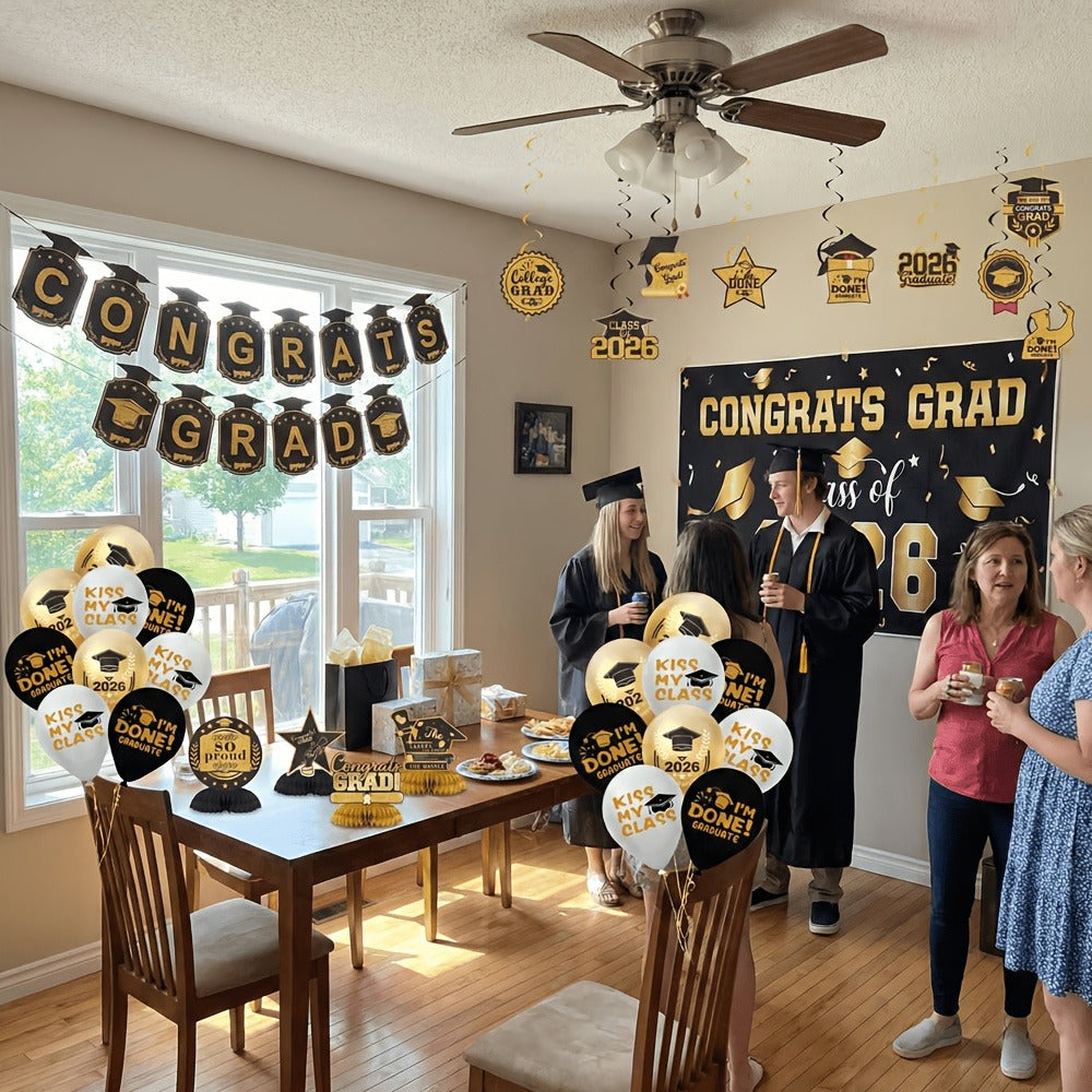 Class of 2026 Graduation Decoration Set with Letter Banner, Hanging Pieces and Six Color Options