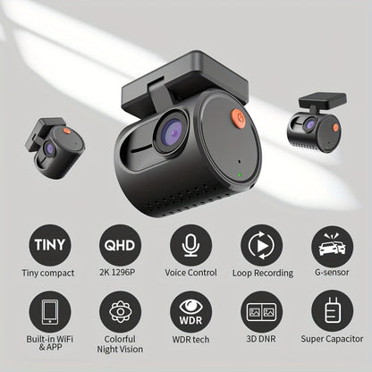 KAWA Mini 3 2K Dash Cam – 1296P QHD WiFi APP & Voice Control, Super Capacitor, Color Night Vision, WDR, Loop Recording, 24H Parking Monitor